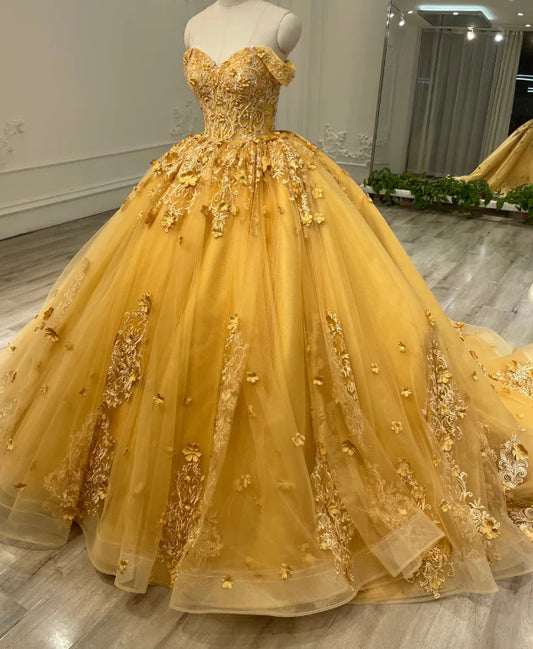 Wunderschönes gelbes Sweetheart-Applikation-Schulterfreies Perlen-A-Linie Tüll Bodenlanges Ballkleid Geburtstagskleid Abendkleid Ballkleid DP6498