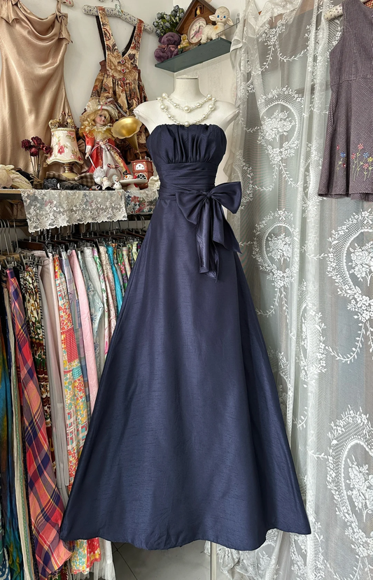 Elegant Navy Blue Bowknot Strapless A-Line Long Prom Dress Evening Dress DP6385