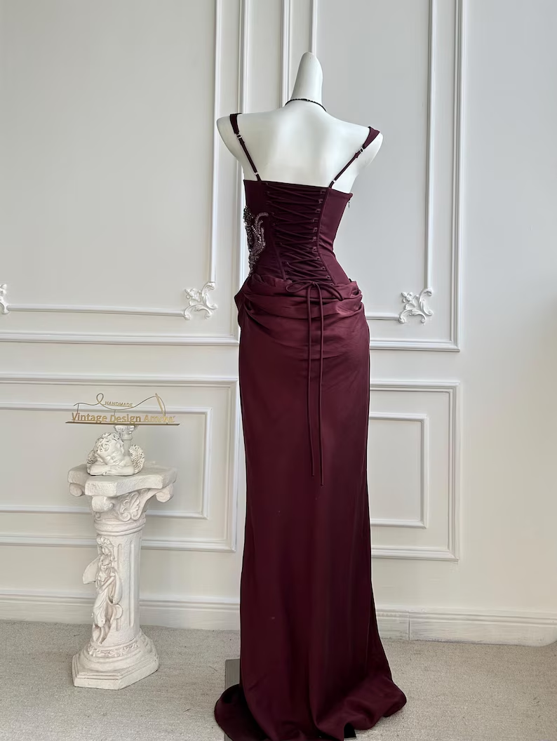 Elegant Burgundy Square Neck Corset Mermaid Beaded Evening Gown DP8399