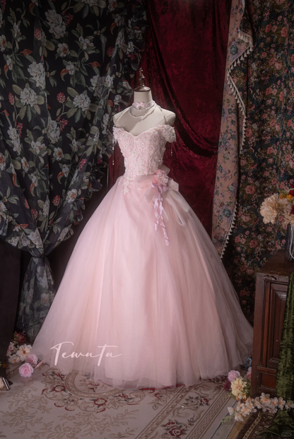 Elegant Pink Off-the-Shoulder Ball Gown Beaded Lace & Tulle Floral Bow Sash Prom Dress DP8352