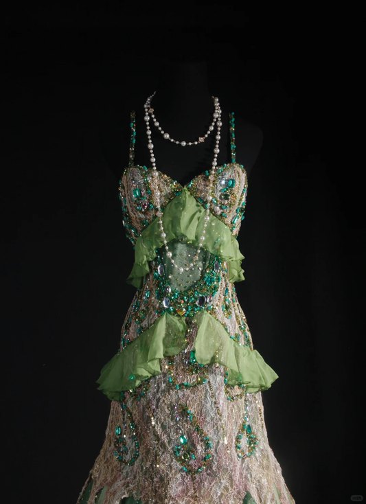 Glamorous Green Ombre Mermaid Sequin Beaded Ruffle Lace Spaghetti Strap Evening Gown DP7376