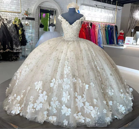 Elegantes Elfenbein V-Ausschnitt Applikation A-Linie Ballkleid für Sweet 16 Quinceanera Geburtstagskleid Abendkleid Ballkleid DP6519