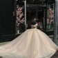 Elegantes, glänzendes Champagner-Off-Shoulder-Tüll-A-Linie-Ballkleid für Sweet 16 Quinceanera-Abendkleider Geburtstagskleid Abendkleid Ballkleid DP6517
