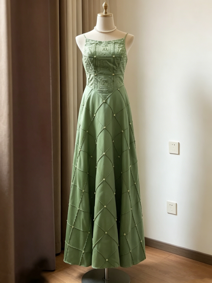 Retro Green Spaghetti Strap Embroidered A-Line Evening Dress DP8381