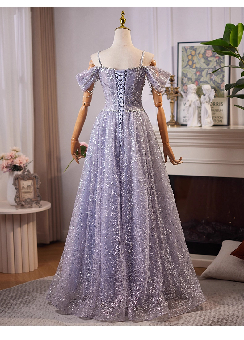 Vintage Haze Blue Sweetheart Sequin Prom Dress A-Line Evening Gown Off-the-shoulder Party Dress Long Formal Dress DP6954