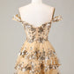 Vintage Golden Off-the-shoulder Design Short Evening Dress, A-line Sequins Corset Tiered Lace Homecoming Dress, DP5823