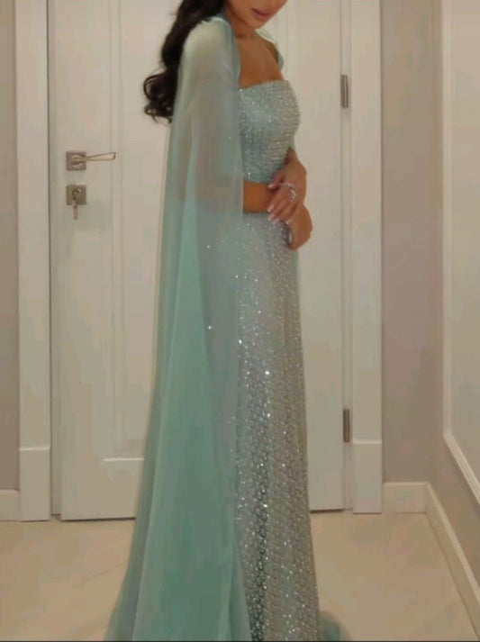 Vintage Glittering Sequin Prom Dress A-Line Evening Gown Cloak Party Dress Long Formal Dress DP6889