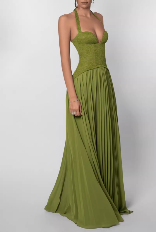 Elegant Olive Green Halter-Neck Lace Corset Pleated Chiffon Maxi Formal Evening Gown DP8233