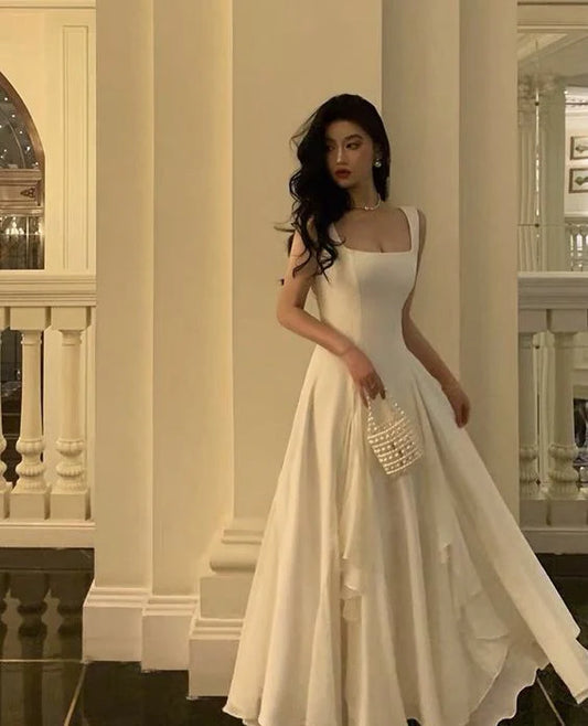 Vintage White Chiffon Long Prom Dress A-Line Ruffle Formal Dress, DP6563
