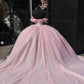 Wunderschönes rosa Sweetheart Pailletten Off-the-Shoulder A-Linie Tüll Bodenlanges Ballkleid Geburtstagskleid Abendkleid Ballkleid DP6500