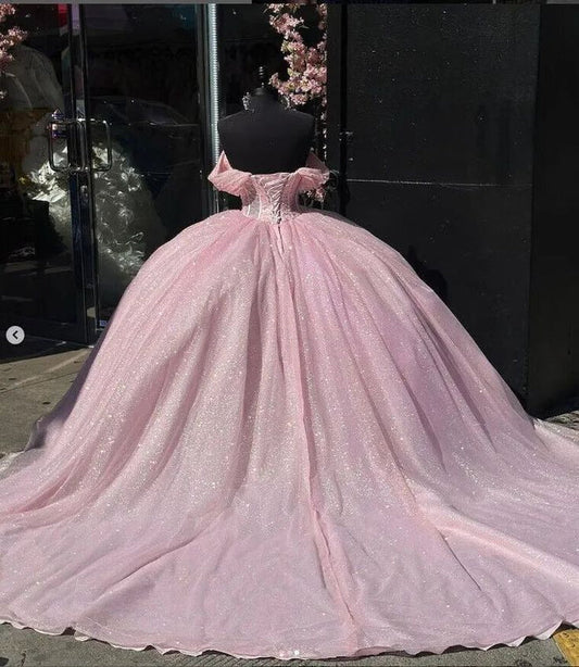 Wunderschönes rosa Sweetheart Pailletten Off-the-Shoulder A-Linie Tüll Bodenlanges Ballkleid Geburtstagskleid Abendkleid Ballkleid DP6500