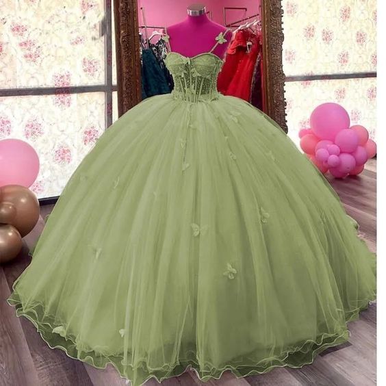 Beautiful Green Sweetheart Spaghetti Strap Sweet 16 Quinceanera A-Line Tulle Floor-length Prom Dress Birthday Dress Evening Dress Ball Gown DP6459