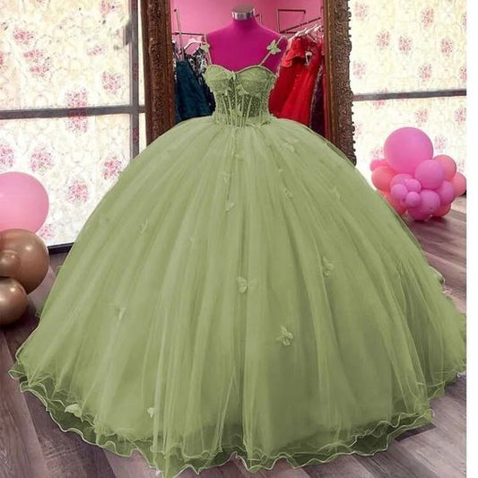 Wunderschönes grünes Sweetheart Spaghettiträger Sweet 16 Quinceanera A-Linie Tüll bodenlanges Ballkleid Geburtstagskleid Abendkleid Ballkleid DP6459