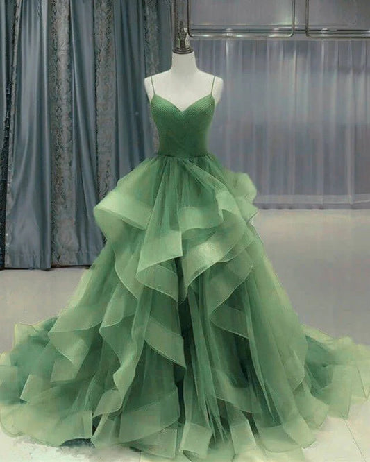 Elegantes Salbeigrünes Spaghettiträgerkleid Sweet 16 Quinceanera A-Linie Tüll Bodenlanges Ballkleid Geburtstagskleid Abendkleid Ballkleid DP6503