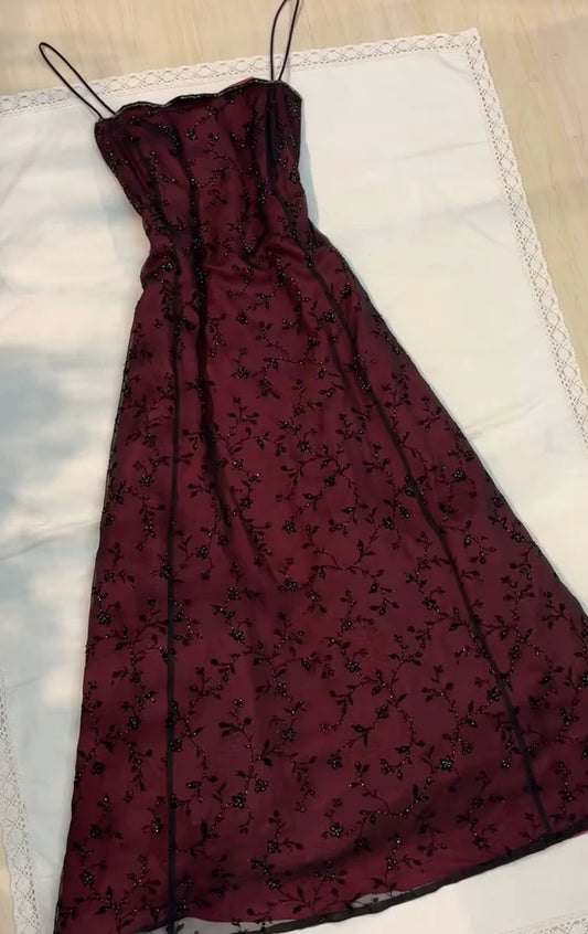 Vintage Burgunderrotes Perlen-Ballkleid, langes, besticktes Abendkleid, A-Linie, Spaghettiträger, formelles Kleid, DP6579