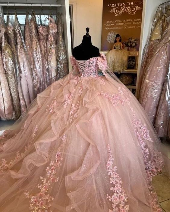 Beautiful Pink Sweetheart Applique Sweet 16 Quinceanera A-Line Tulle Floor-length Prom Dress Birthday Dress Evening Dress Ball Gown DP6499