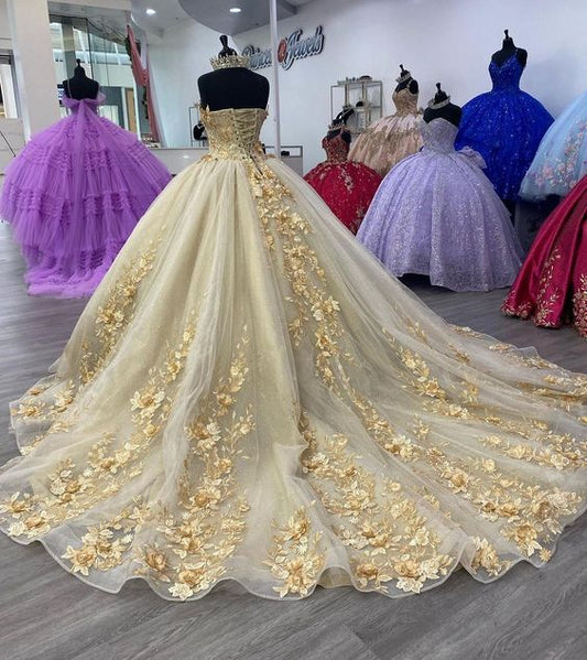 Wunderschönes Champagner Sweetheart Applique Sweet 16 Quinceanera A-Linie Bodenlanges Ballkleid Geburtstagskleid Abendkleid Ballkleid DP6449