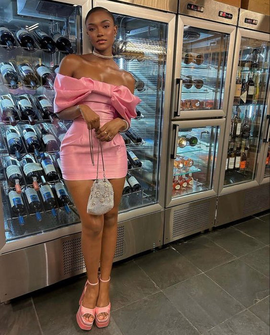 Cute Pink Off-the-shoulder Bow Design Sheath Short Party Dress Cocktail Dress Homecoming Dress DP6440