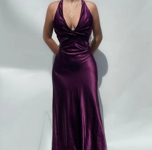 Robe de bal vintage en satin à col en V, longue robe de soirée fourreau dos nu, DP6576