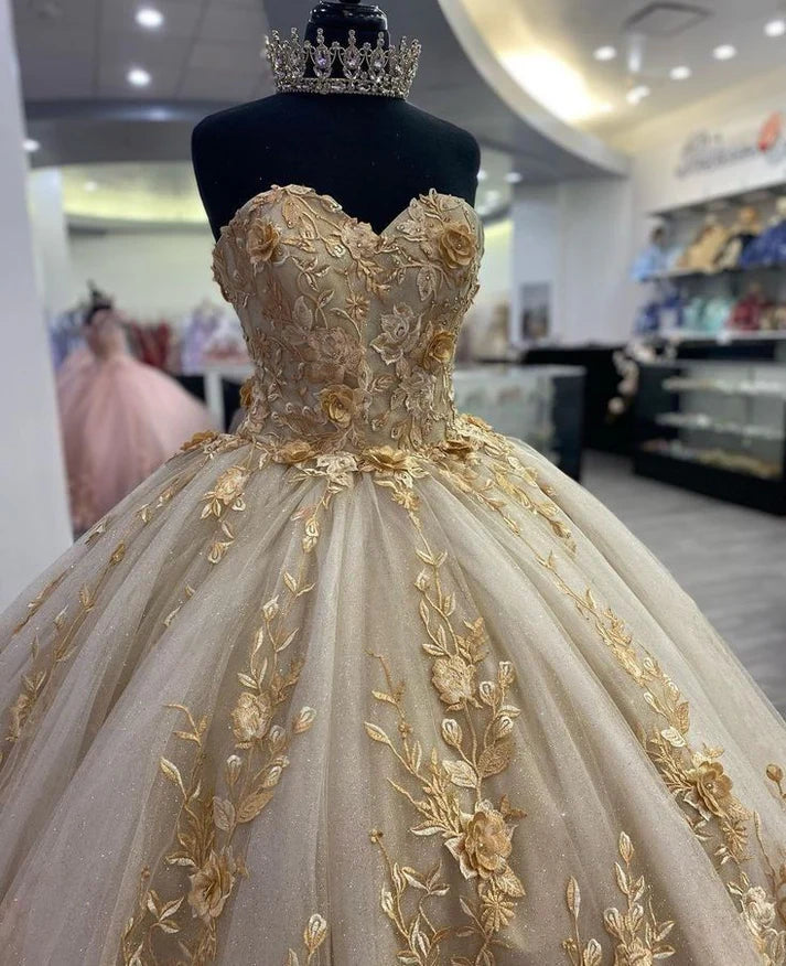 Gorgeous Champagne Sweetheart Applique Sweet 16 Quinceanera A-Line Floor-length Prom Dress Birthday Dress Evening Dress Ball Gown DP6449