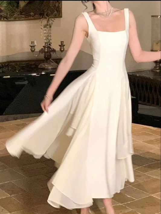 Vintage White Chiffon Long Prom Dress A-Line Ruffle Formal Dress, DP6563