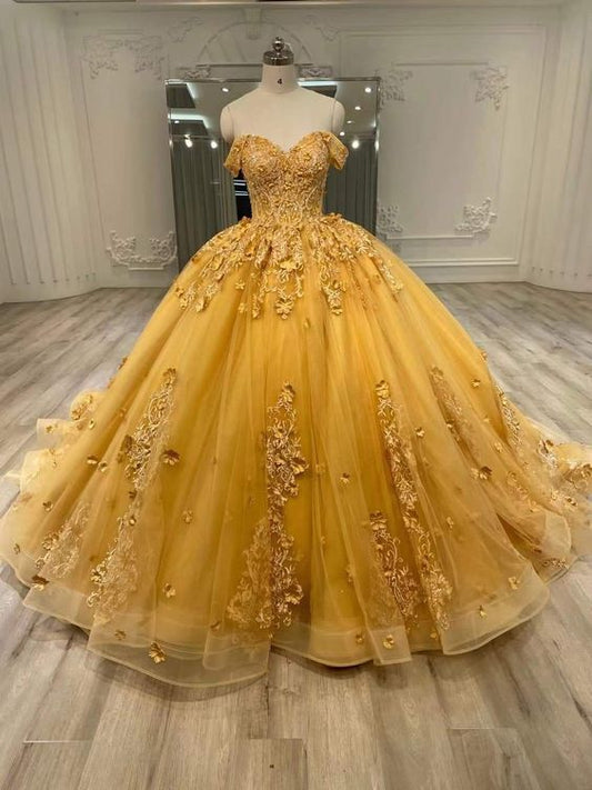 Wunderschönes gelbes Sweetheart-Applikation-Schulterfreies Perlen-A-Linie Tüll Bodenlanges Ballkleid Geburtstagskleid Abendkleid Ballkleid DP6498