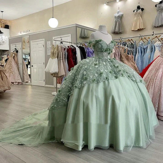 Elegantes, schulterfreies A-Linien-Tüllkleid mit Applikationen in Salbeigrün für Sweet 16 Quinceanera, bodenlanges Ballkleid, Geburtstagskleid, Abendkleid, Ballkleid DP6506
