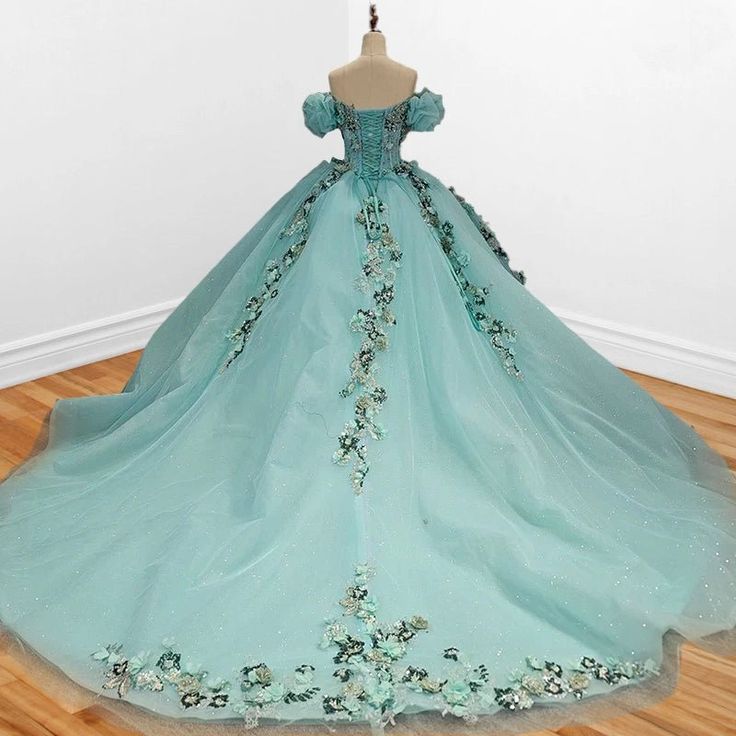 Glamorous Light Turquoise Off-Shoulder Beaded Applique Tulle Quinceañera Ball Gown DP7138