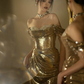 Champagne Gold Off Shoulder Mermaid Sequins Long Evening Party Dresses, DP5512