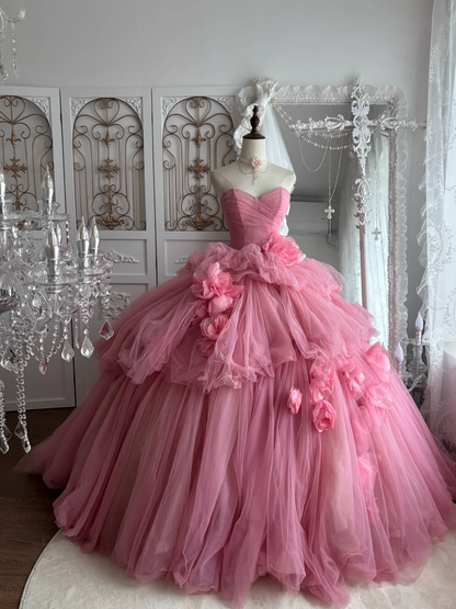 Elegant  Pink Tulle Sweetheart 3D Floral Ruffled Quinceanera Sweet 15 Quinceanera Ball Gown DP8245