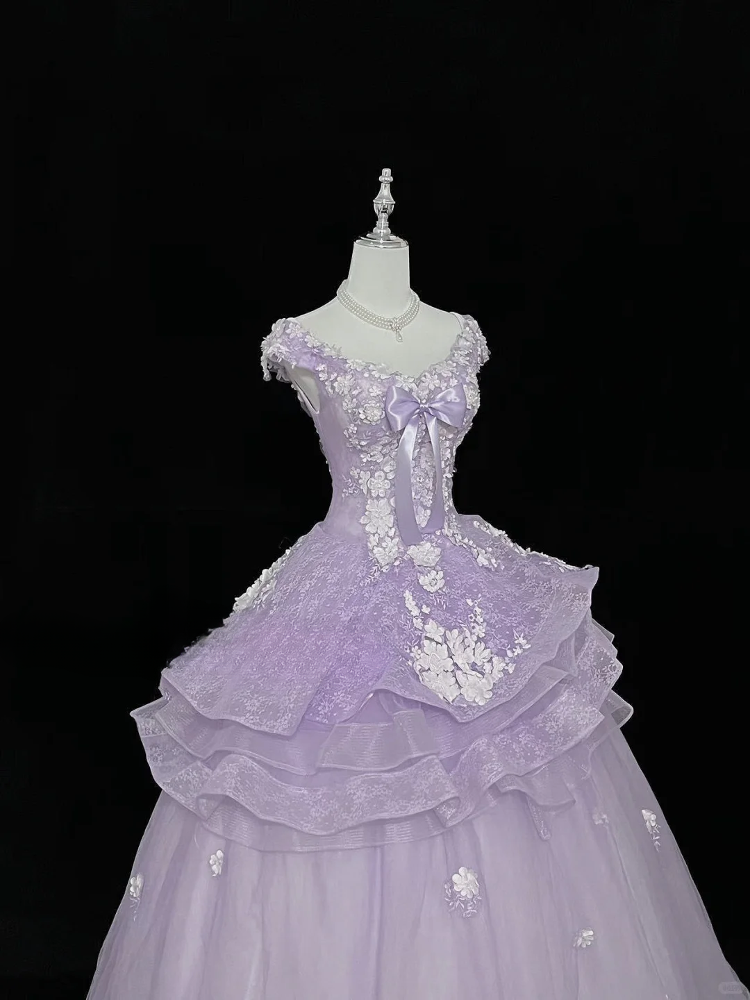 Chic Lavender Off-the-Shoulder 3D Floral Applique Bow Sweet 16 Quinceanera Ball Gown DP7369