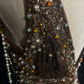 Glamorous Metallic V-Neck Beaded Embellishment & Pearl Details Maxi Prom Dress DP7284