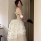 Ivory Off Shoulder A-Line Tulle Lace Birthday Dress Ball Gown, DP3786