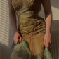 Robe de bal vintage verte en mousseline de soie brodée de perles, coupe trapèze, bretelles spaghetti, robe de soirée longue, robe formelle DP6669