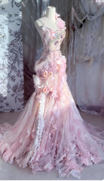 Chic Romantic Pink Floral Mermaid Prom Dress Ruffled Tulle 3D Flower Evening Gown DP7166