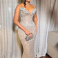 Robe de bal longue style sirène vintage gris argenté, sans bretelles, ornée de perles, DP6565