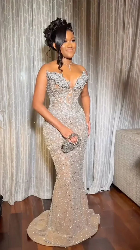 Robe de bal longue style sirène vintage gris argenté, sans bretelles, ornée de perles, DP6565