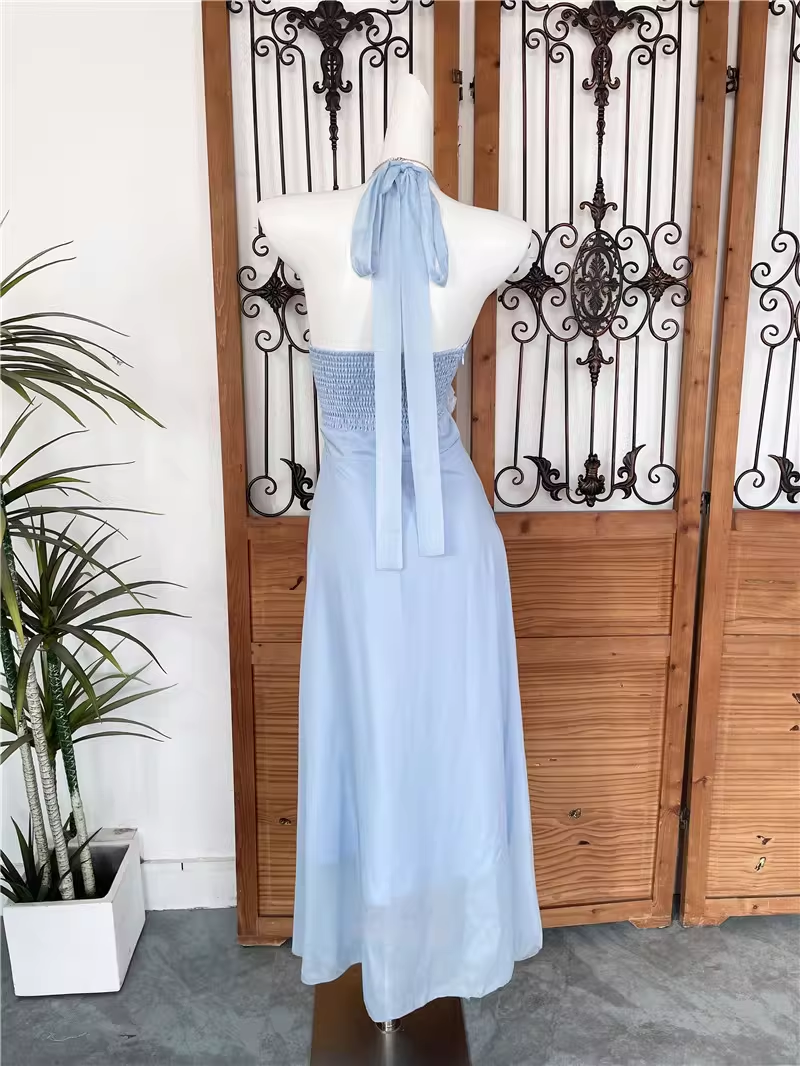 Elegant Light Blue Halter Neck 3D Floral Evening Gown Ruffle Prom Dress DP7967