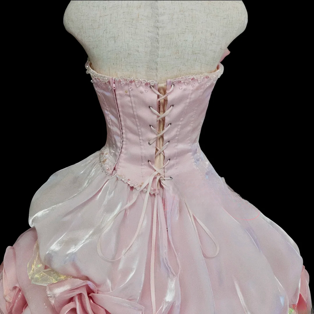 Enchanting Pink Strapless 3D Rose Applique Iridescent Fairycore Sweet 16 Quinceanera Ball Gown DP7280