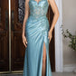 Elegant Lace Appliques Satin Spaghetti Strap Mermaid Evening Gown DP8161