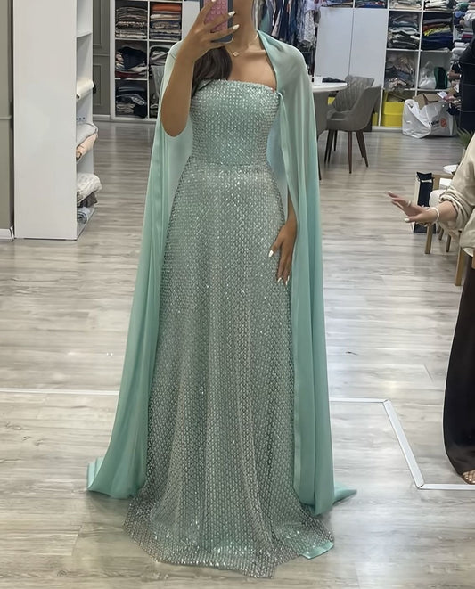 Vintage Glittering Sequin Prom Dress A-Line Evening Gown Cloak Party Dress Long Formal Dress DP6889