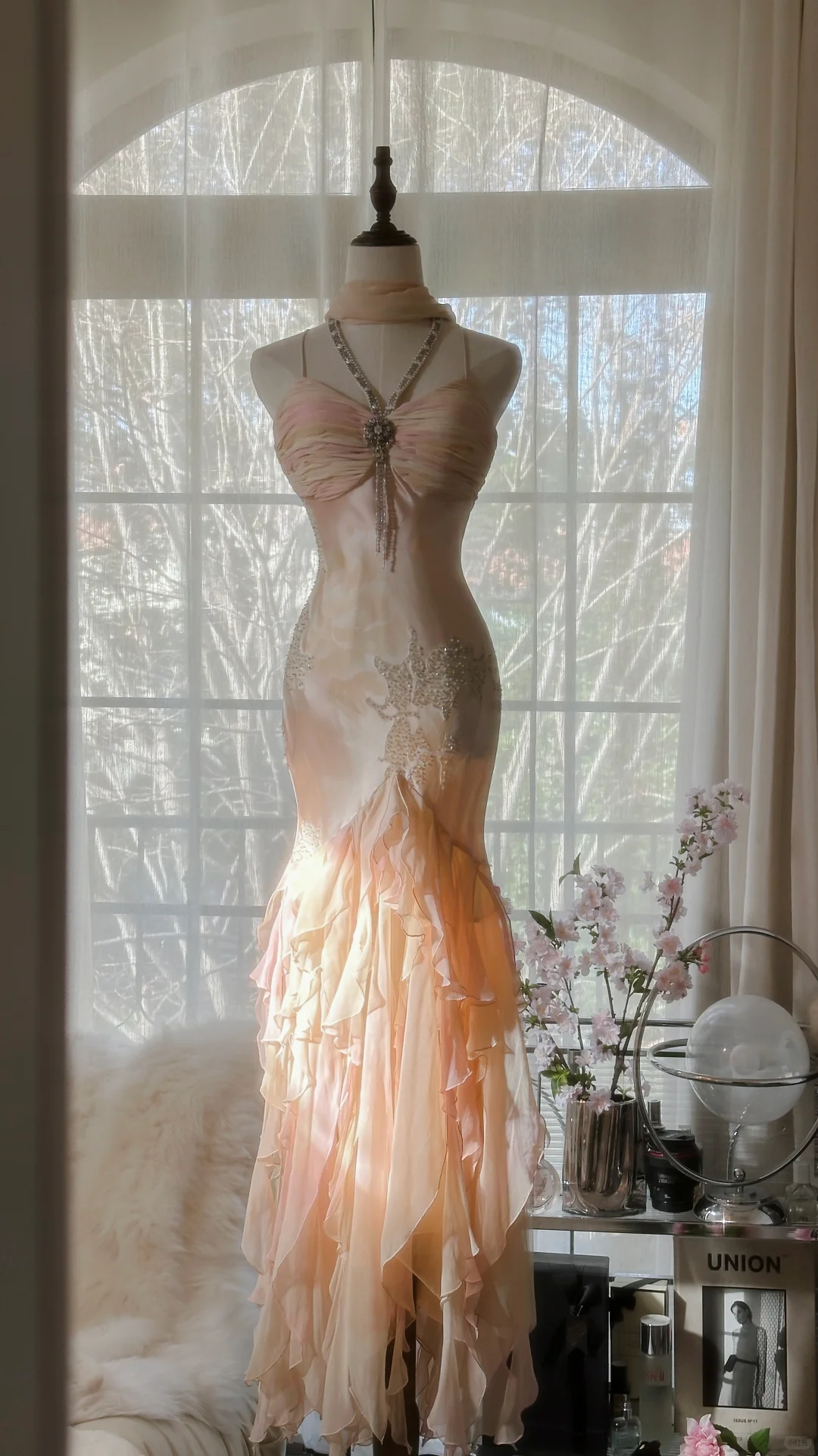 Vintage Mermaid Beaded Floral Design Romantic Chiffon Evening Dress Prom Dress DP6019