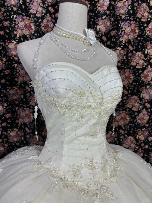 Glamorous Ivory Strapless Beaded Lace Applique A-Line Ruffled Wedding Dress DP7346