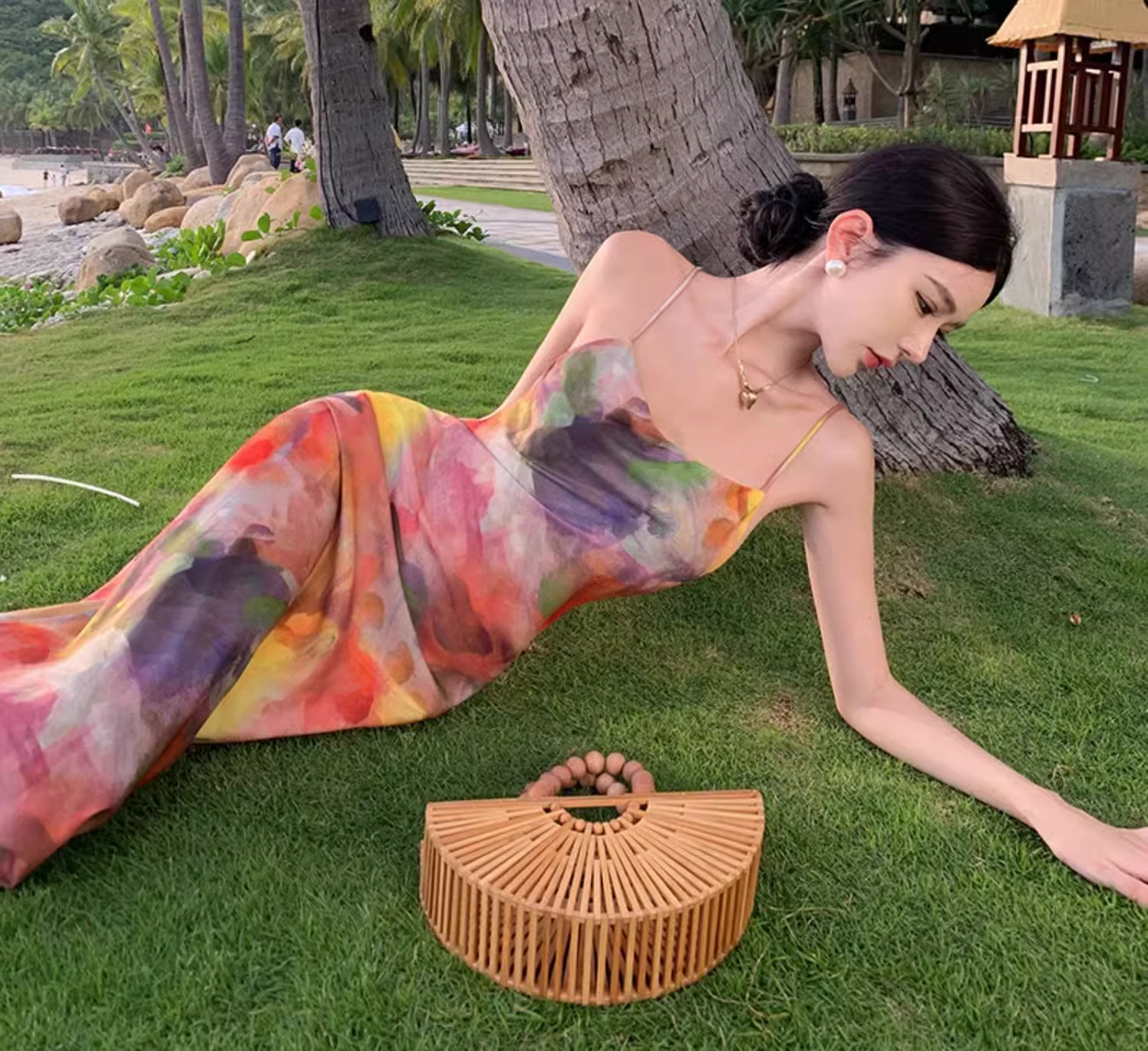 Simple New Painting Style Floral Design Elegant Beach Holiday Spaghetti Strap Dress, DP5949
