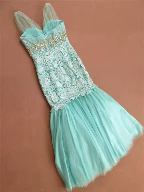 Glamorous Mint Green Mermaid Cocktail Dress Lace Bodice Tulle Ruffle Prom Dress DP7611