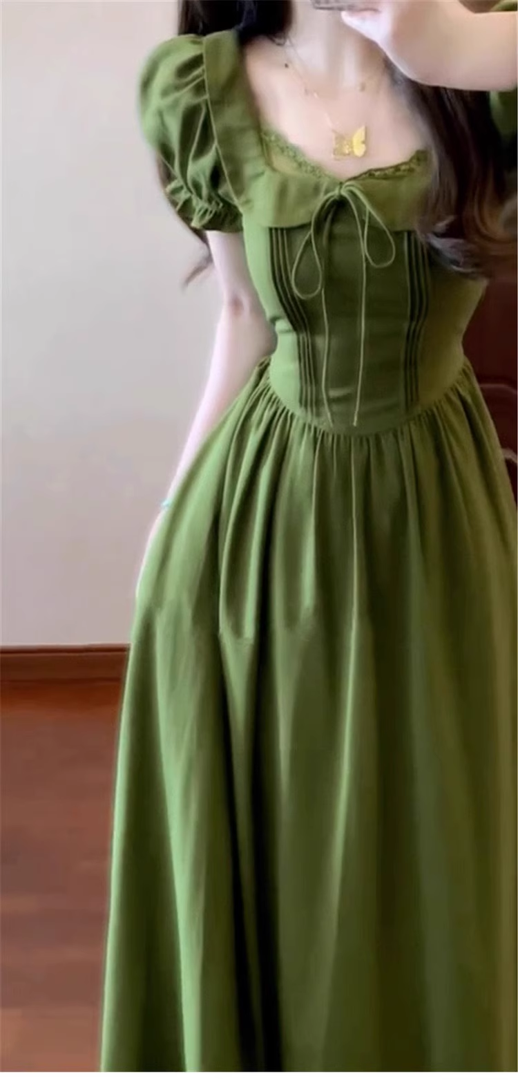 Vintage Olive Green Prom Dress A-Line Short-sleeve Evening Dress Long Formal Dress DP6710