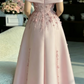 Elegant Pink Off-the-Shoulder Satin 3D Floral Beaded A-Line Evening Gown Party Dress DP8580