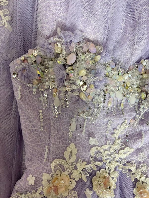 Vintage Lilac Strapless Mermaid Evening Gown Floral Lace Applique Tulle Slit Prom Dress DP7574