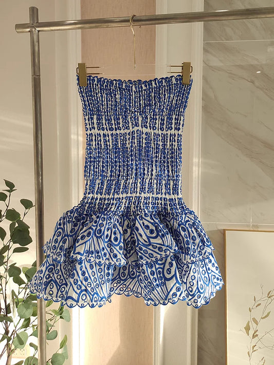 Vintage Dark Blue Pattern Design Strapless Mini Party Dress Homecoming Dress DP6035