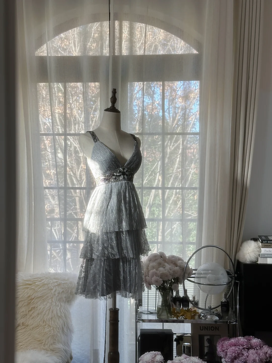 Retro Silvery V-neck Gorgeous Sparkling Chiffon Tiered Evening Dress Prom Dress, DP5978